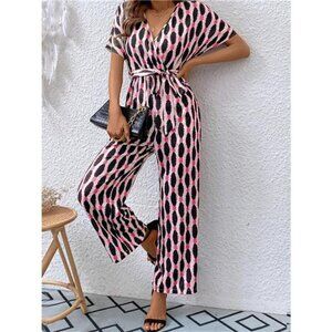 Printed Surplice Tie Waist Short Sleeve Jumpsuit